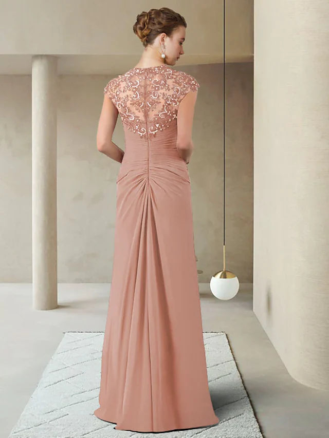 Wholesale Mother of the Bride Dress Elegant V Neck Floor Length Chiffon Lace Short Sleeve with Beading Ruching